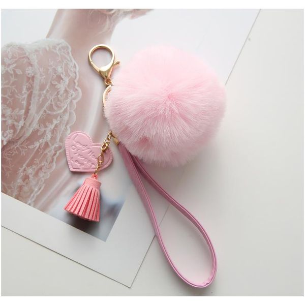 

new fluffy rabbit fur ball key chain with leather heart tassel pompom key ring holder for women bag car jewelry pendant f bbymsa, Silver