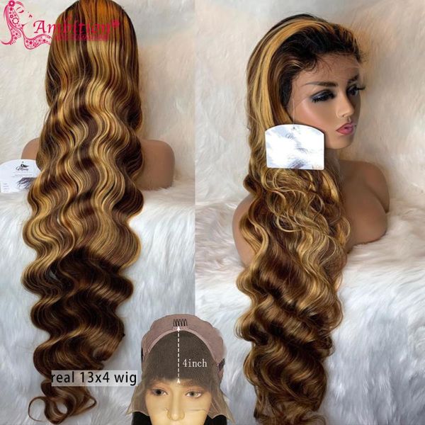 

lace wigs ambition human hair front pre plucked #4/27 highlight color 13x4 180% full density for women, Black;brown