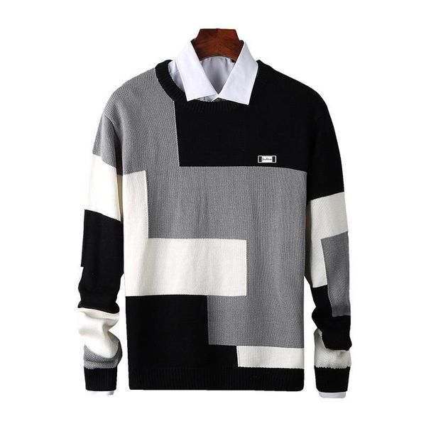 

men's sweaters mens autumn casual fit knitted splicing pattern slim cotton long sleeve round collar male warm pullovers xr972, White;black