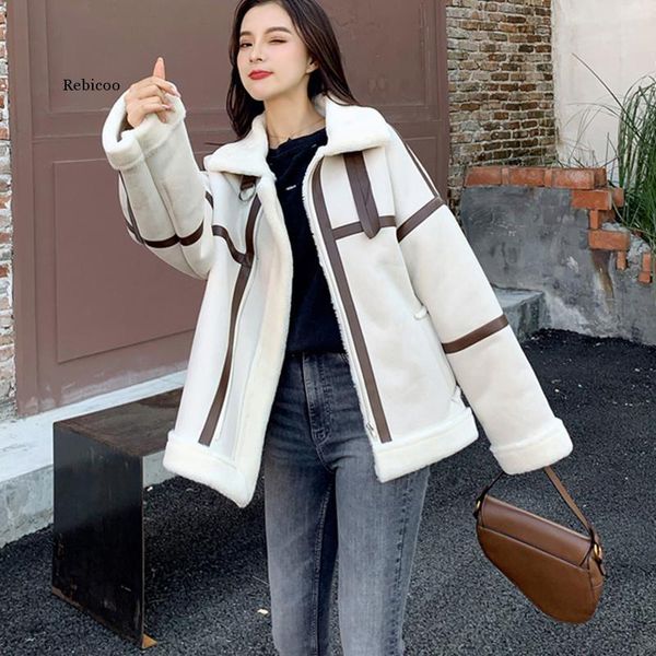 

women's fur & faux winter short suede jacket coat women warm lambswool parka coats ladies lamb velvet overcoat womens locomotive bomber, Black