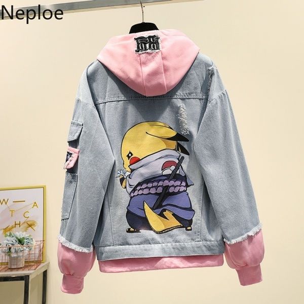

neploe fake two-piece hooded denim jacket women korean loose wild autumn winter new chaqueta mujer hole patch 46732 201029, Black;brown