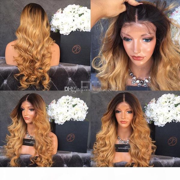 

ombre human hair wig glueless lace front wigs150 density brazilian two tone 1b 27 full lace wig body wave, Black;brown