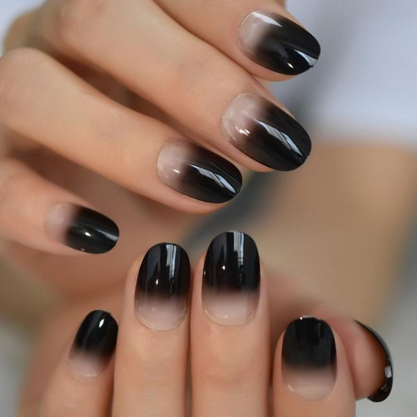 

false nails short black gradient french press on fake nail tips 24pcs round head full cover faux ongles for home office wear, Red;gold