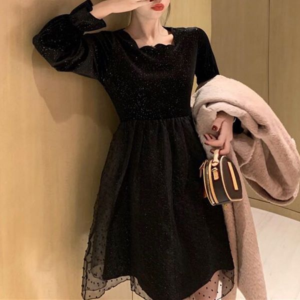 

2021 new velvet black short winter lace women sweet long sleeve nightclub party female korean one-piece dress wm6i, Black;gray