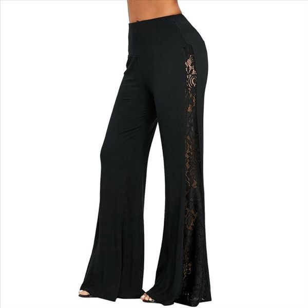 

women casual bell bottom pants full length lace wide leg split pants daily leggings trousers pantalones muje 45, Black