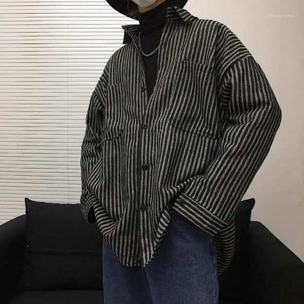 

men's casual shirts 2021 spring men's youth japanese harajuku style couple long-sleeved loose color matching woolen striped shirt, White;black