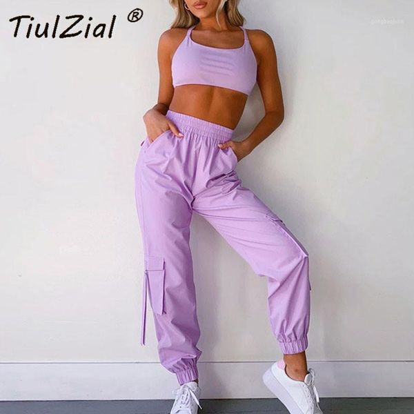 

tiulzial summer women sets tracksuit crop and cargo pants streetwear backless high wasit pant 2 pieces suit outfits1, Gray