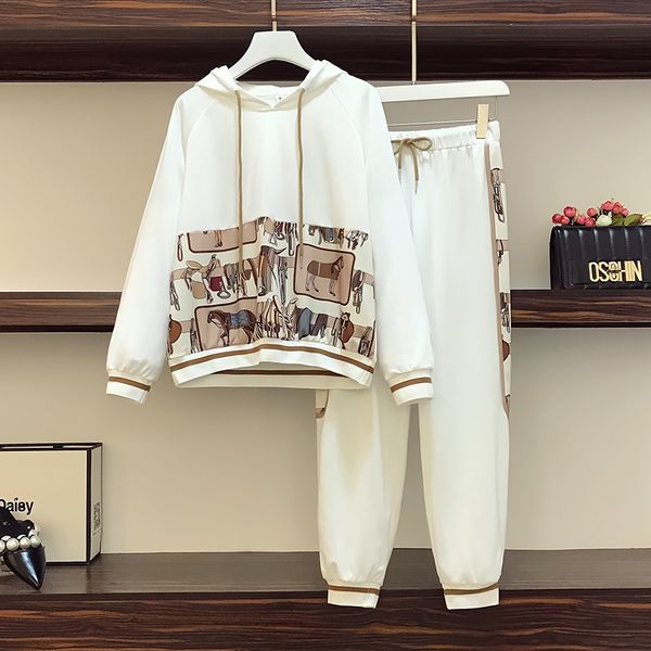 

plus size tracksuit women autumn 2020 long sleeve hoodies and loose casual elastic waist pants cotton two piece clothes lj201126, White