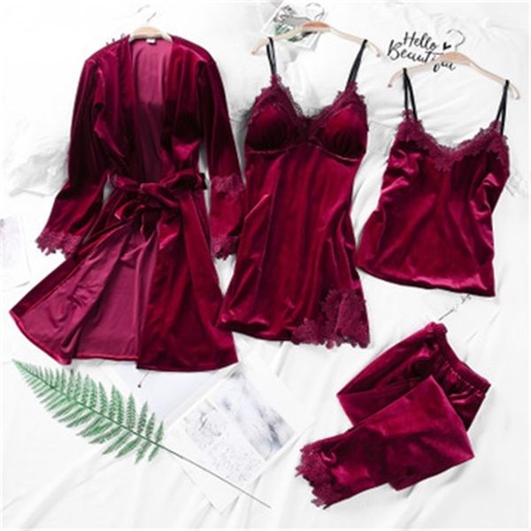 

daeyard velvet pajamas sets women lace robe pajamas sleepwear autumn winter warm 4pcs pyjamas nightwear elegant home wear y200708, Black;red