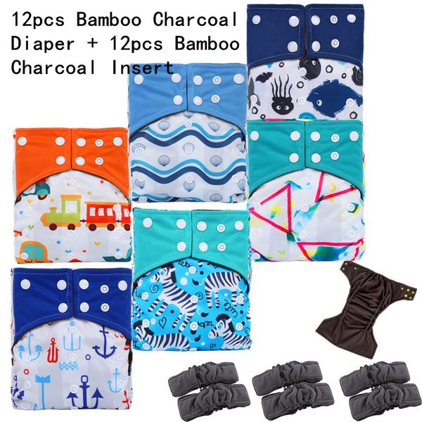 

simfamily]12pcs reusable bamboo charcoal cloth diaper waterproof  pocket diaper double gussets charcoal nappy wholesale 1015