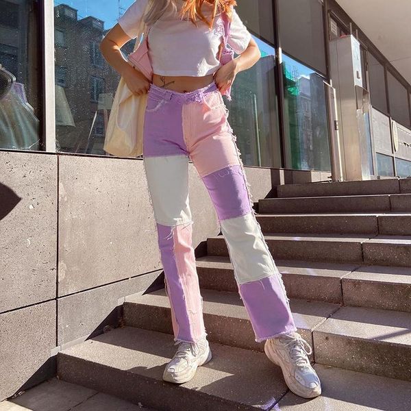 

women's jeans woman patchwork stright middle waist denim streetwear vintage quality 2021 fashion straight trousers pants, Blue