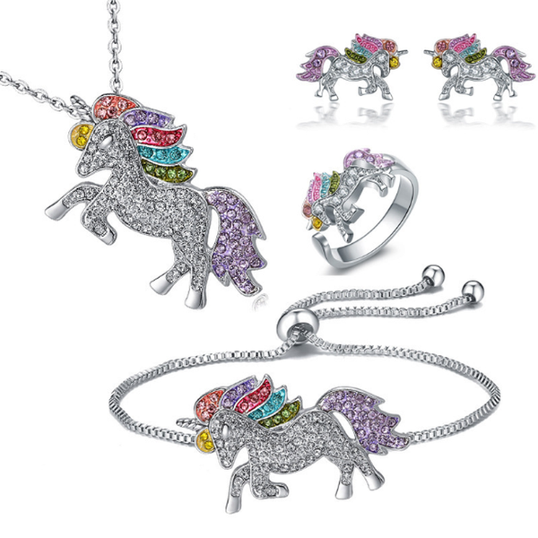

5pcs 2 colors kids unicorn necklace rings bracelets earring unicorn gift set, Silver