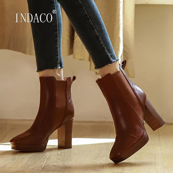 

2021 new women winter boots platform high heels 9.5cm leather square toe ankle boots for women slip on warm shoes, Black