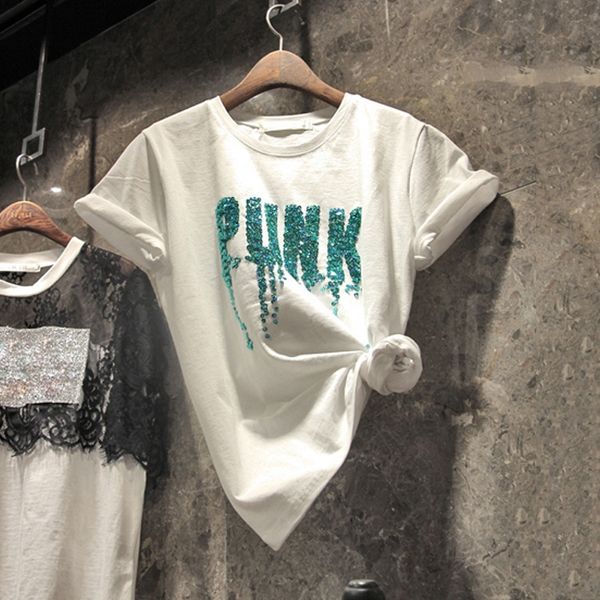 

нового тяжелой промышленность письмо блестки футболки пуловеры pullovershirt pulloverfor женщина с коротким рукавом корейского стиля свободн, White