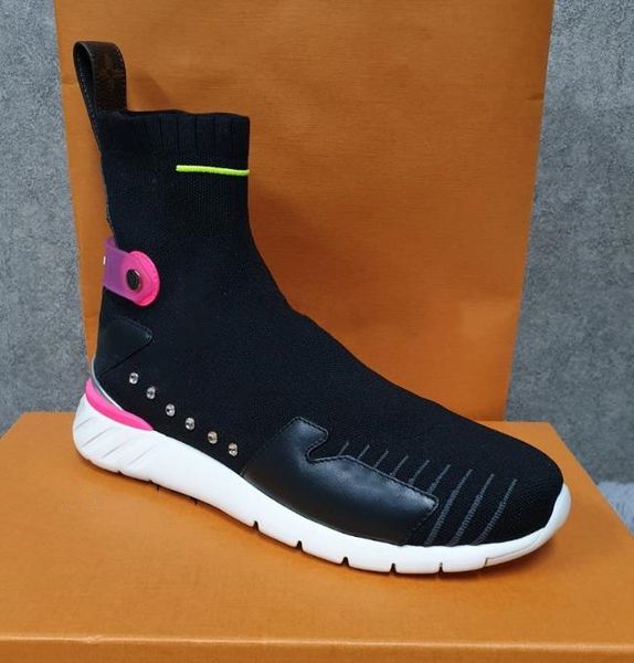 

women black stretch textile sneaker boot aftergame silver-tone studs fashion designer lady hi-lightweight rubber outsole flat boot