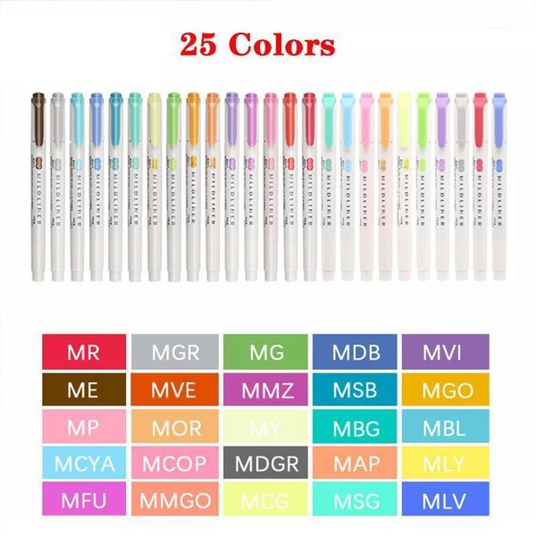 

25colors mildliner highlighter marker pen japanese stationery mild liner double headed painting marking pen office school marker1, Black;red
