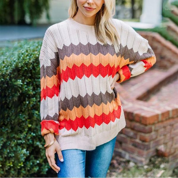 

2020 autumn winter women sweaters wave striped loosen pullovers long sleeves round neck clothes red color casual cotton female1, White;black