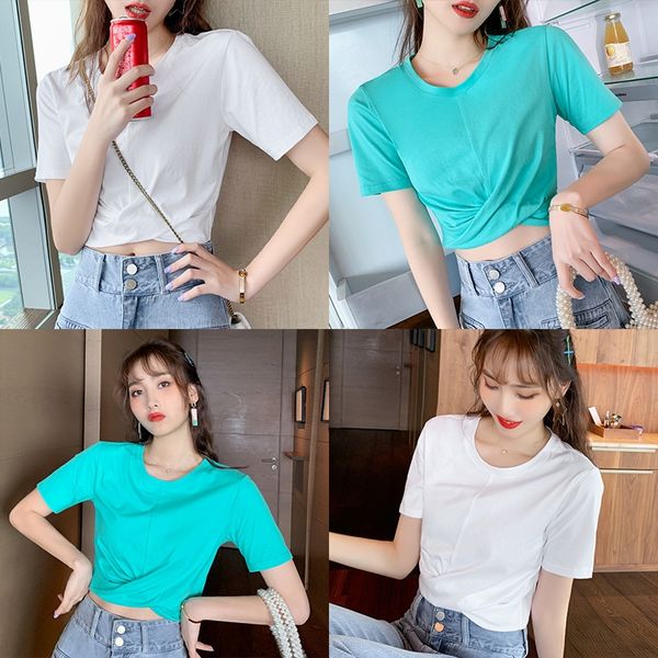 

summer 2020 korean new women's wear white t-shirt versatile round neck solid white t-shirt fashion irregular female students uj7aa uj7a