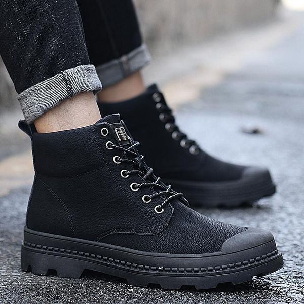 

winter boots men leather shoes outdoor men ankle boots fashion brand autumn winter male footwear with fur warm snow, Black