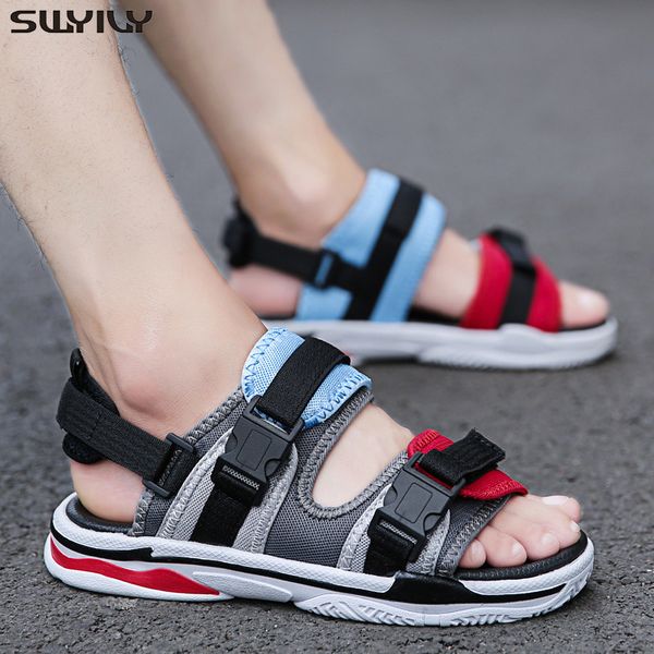 

swyivy men's sandals summer 2019 new wedge sandals students outdoor casual shoes korean style soft bottom beach shoes hook-loop t200420, Black