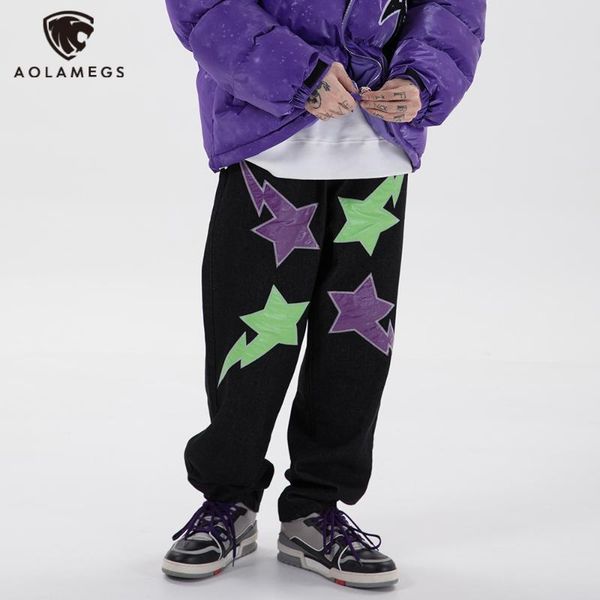 

aolamegs embroidery letter graphic patch jeans men denim pants autumn casual harajuku high street hip hop style jean streetwear, Blue