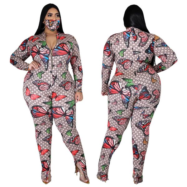 

2020 new women jumpsuit fashion casual butterfly print lapel designer bodysuit long sleeve split ladies jumpsuit