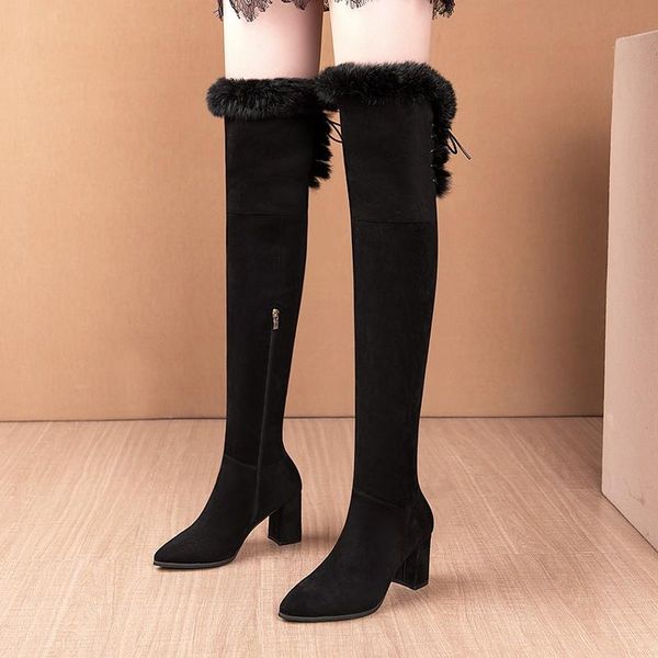 

rimocy new 2020 women's winter over the knee boots high heels faux suede thigh high boots female fashion pointed toe long botas, Black