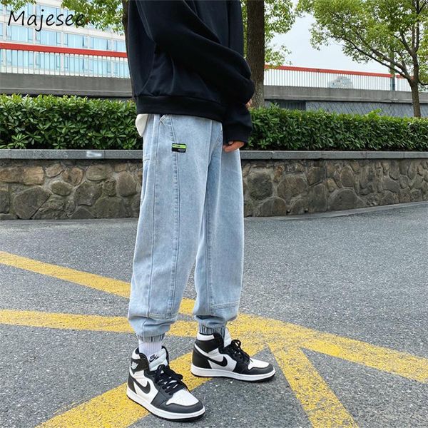 

men's jeans men pencil drawstring loose solid patchwork trendy leisure males denim punk all-match chic trousers cowboy, Blue