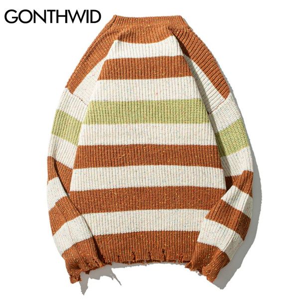 

gonthwid sweaters hip hop knitted stripe distressed ripped destroyed holes jumper sweater streetwear harajuku casual knitwear bbyntm, White;black