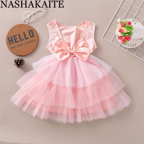 

nashakaite pink dress for girls lace back bow girl party wedding dresses toddler baby girl clothes sweet princess dress for 1-4y1, Red;yellow