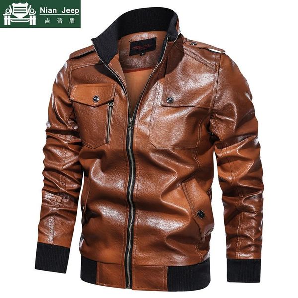 

men's fur & faux bomber leather jacket men coats windbreaker multi-pockets motorcycle mens pu jackets size m-5xl, Black