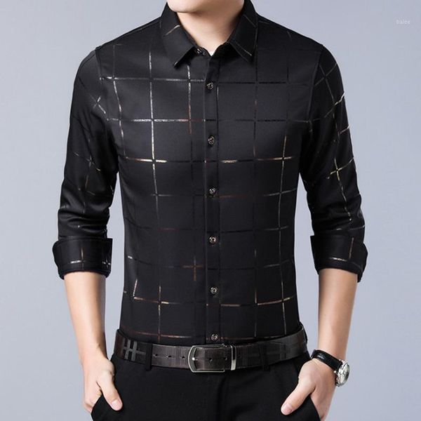 

2020 spring men's plaid long sleeve shirt luxury slim fit tuxedo shirts men fashion social dress shirts camisas masculina1, White;black