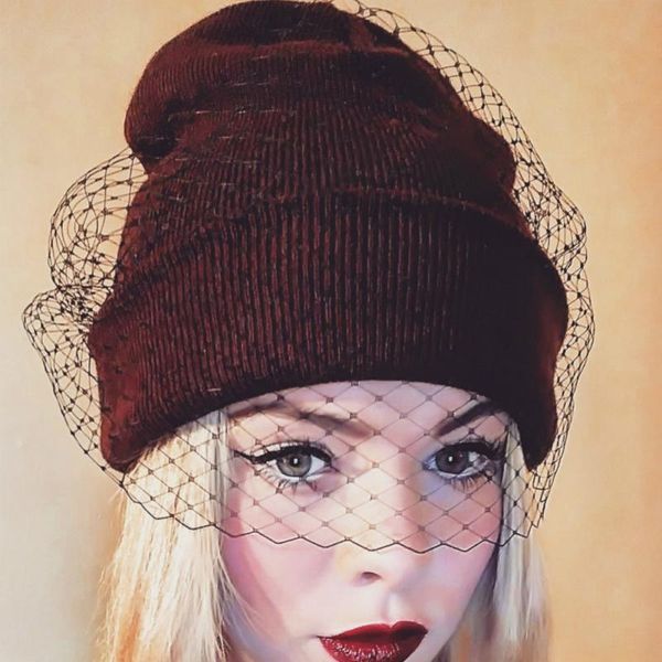 

1 pc women's veil knit hat warm wool hat street street retro veil mesh, Blue;gray