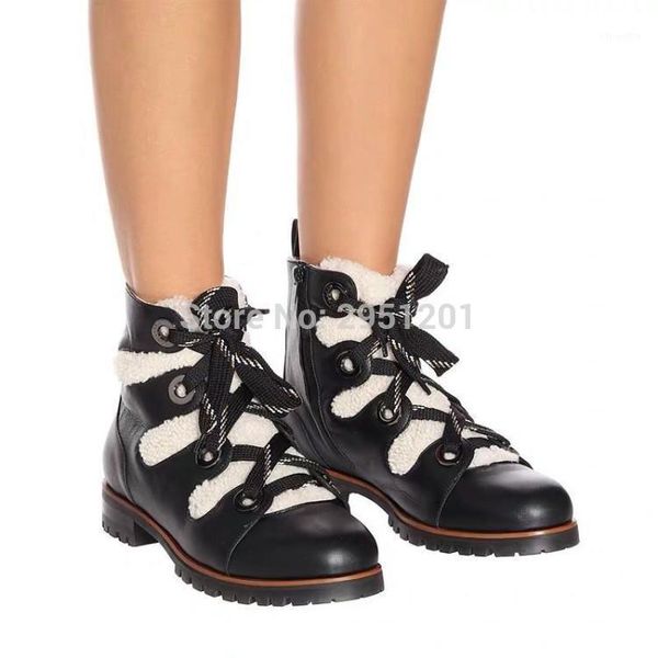 

boots women flat fur plush warm platform shoes elegant lace up lady winter snow boot1, Black