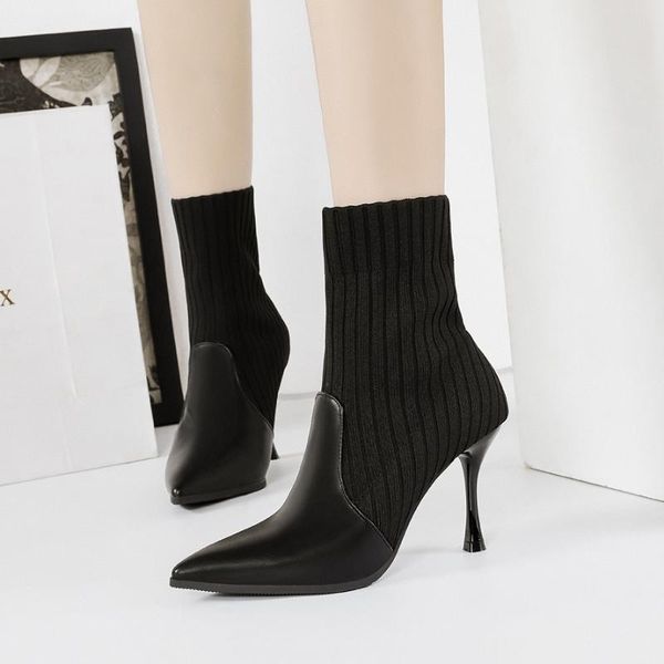 

2020 new high heels boots womans pu stretch socks shoes woman pointed solid color fine heel women's winter boots size 34-39, Black
