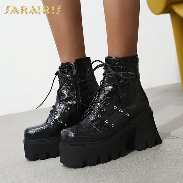 

sarairis brand new plus size 44 fashion platform brand design winter women shoes shoelaces motorcycles ankle boots, Black