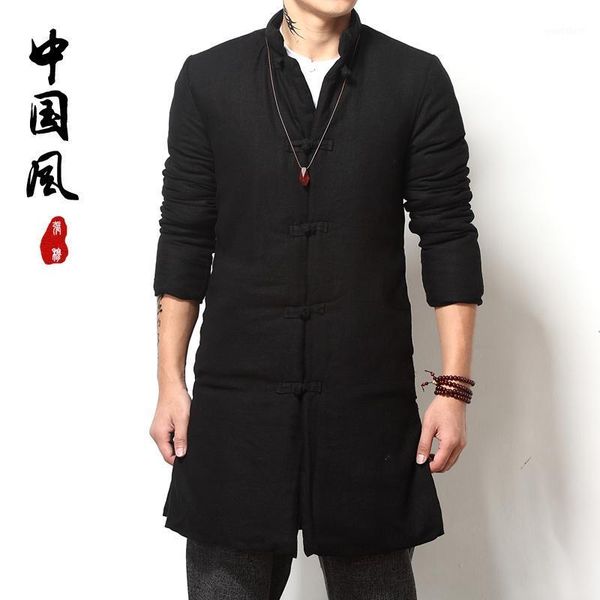 

plus size men chinese collar mens long trench jacket many button tai chi clothes frog button front long sleeve winter trench man1, Tan;black