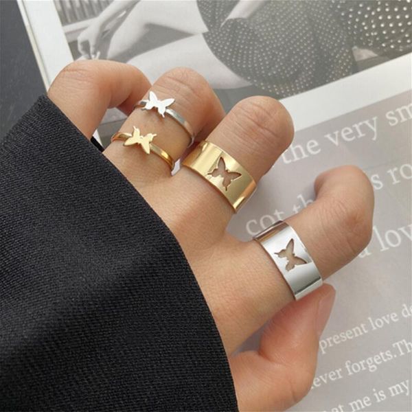 

butterfly ring set cold wind retro creative geometric hollow ring 2 piece set, Silver
