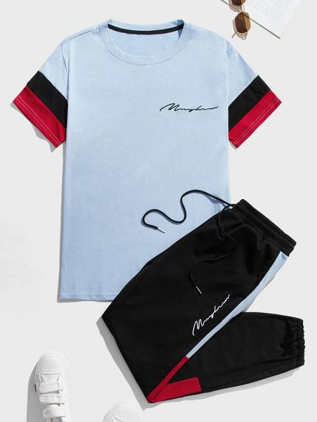 

men letter print colorblock tee & sweatpants set r5te#, Gray
