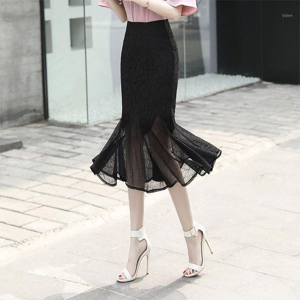 

1pcs women's plus size trumpet skirts 2020 summer fashion lace splicing hollow irregular black ladies skinny mermaid long skirts1
