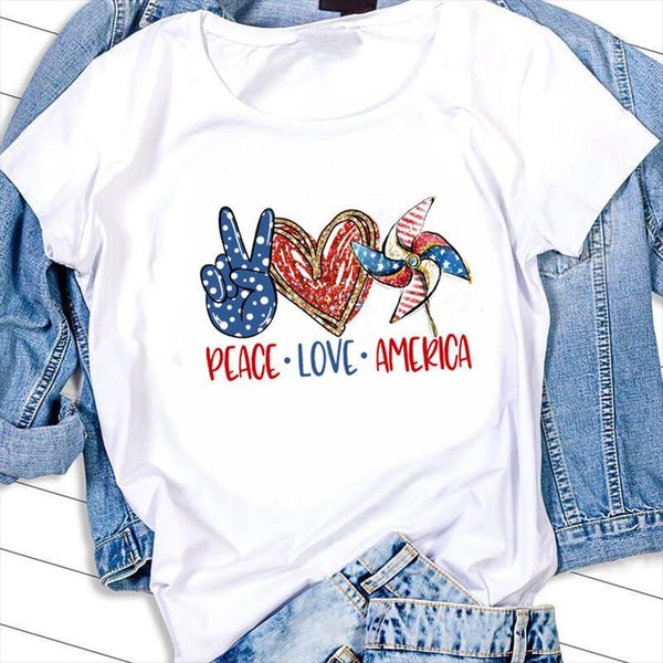

peace love america print t shirt women short sleeve o neck loose tshirt women tee shirt female clothes camisetas mujer, White