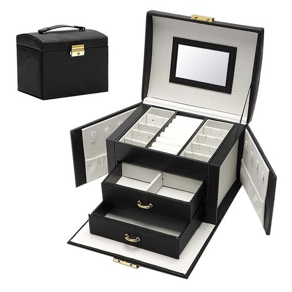 

jewelry box large capacity earrings necklace with mirror watch jewelry drawer storage box necklaces velvet lining black, Pink;blue