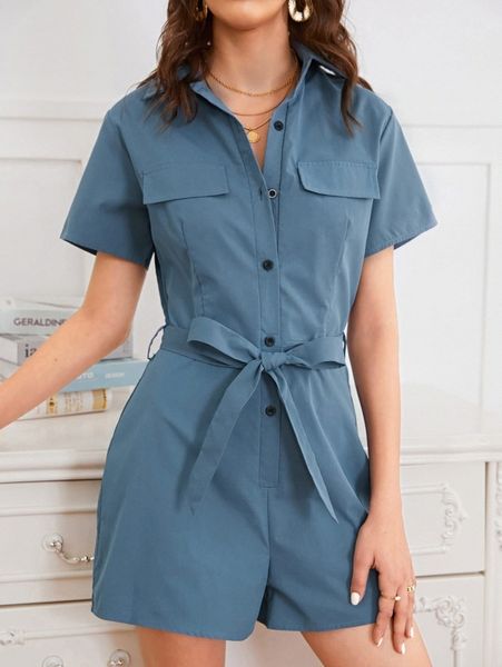 

decor pocket button through belted romper h7cj#, White