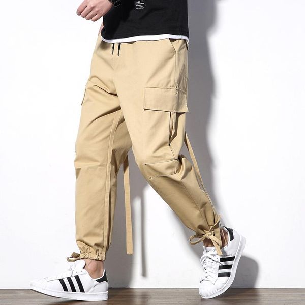 

nice western style men joggers hip hop harem streetwear pants ribbons solid embroidery casual trousers male cargo pants elastic, Black