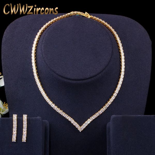 

cwwzircons very shiny cubic zirconia pave yellow gold color women party choker necklace and earring brides jewelry set t421 201222, Slivery;crystal