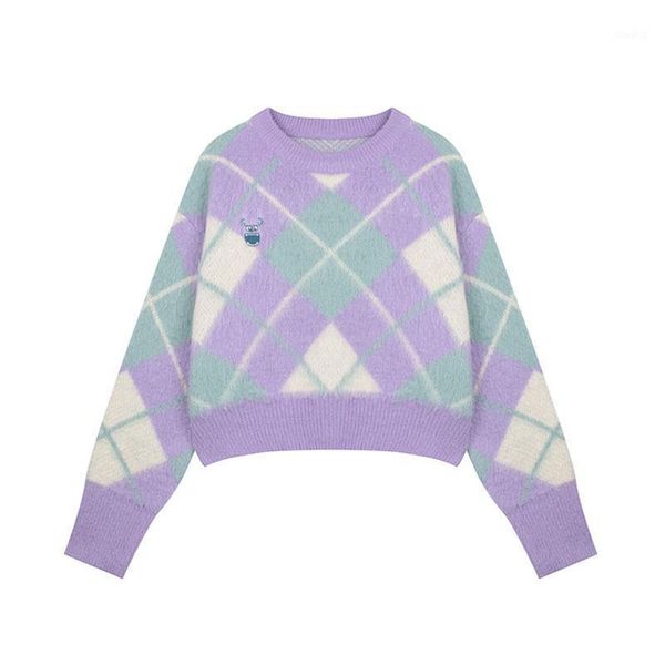 

fannic 2020 autumn argyle pullover long sleeve loose knitted round neck mohair sweater for women1, White;black