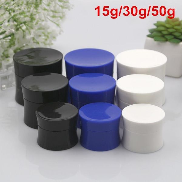 

1lots 15g/30g/50g empty black/white/blue tight waist shape container with liner refillable travel pp facial cream jar packaging1