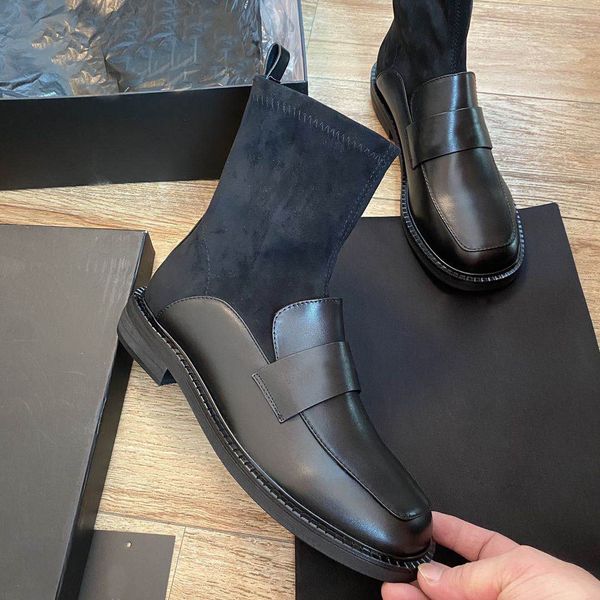 

autumn / winter 2020 new british versatile round head leather short boots women's fashion thick heel woollen socks boots, medium heel, Black
