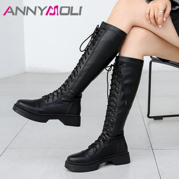 

boots annymoli genuine leather platform mid heel motorcycle women knee high shoes lace up chunky heels long black 40