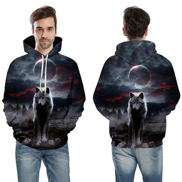 

men's hoodies & sweatshirts men casual 3d wolf print long sleeve drawstring hooded sweatshirt couple clothes1, Black
